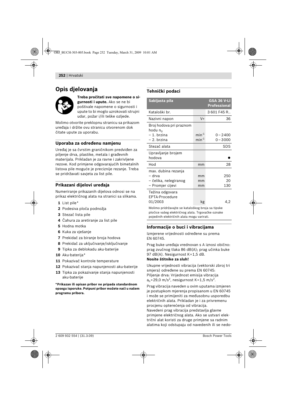 Opis djelovanja | Bosch GSA 36 V-LI Professional User Manual | Page 252 / 289