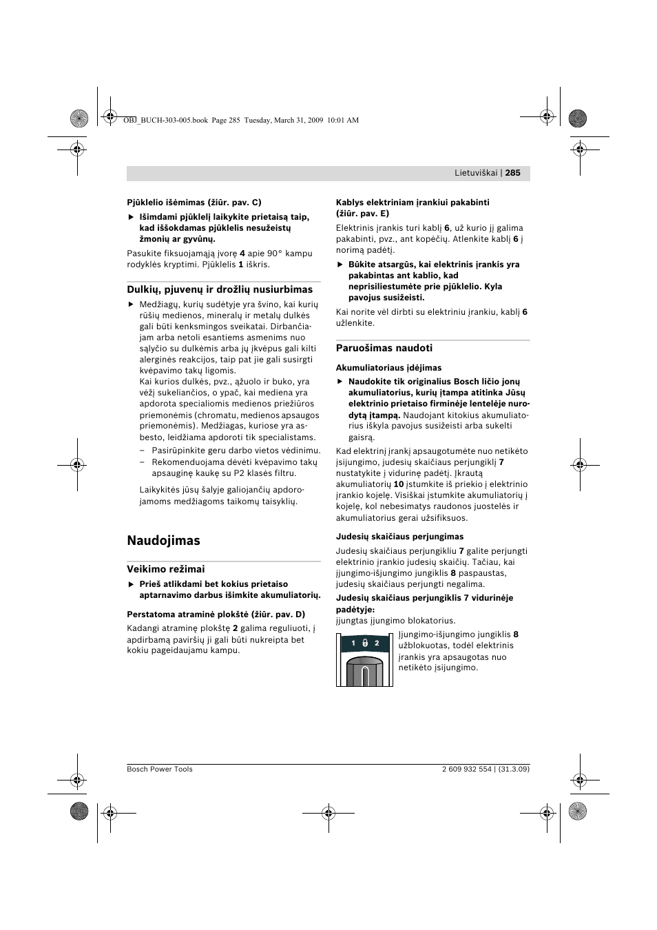 Naudojimas | Bosch GSA 36 V-LI Professional User Manual | Page 285 / 289