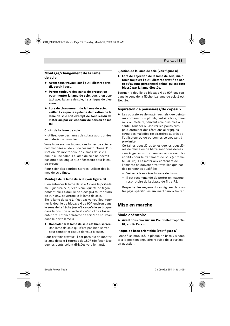 Mise en marche | Bosch GSA 36 V-LI Professional User Manual | Page 33 / 289