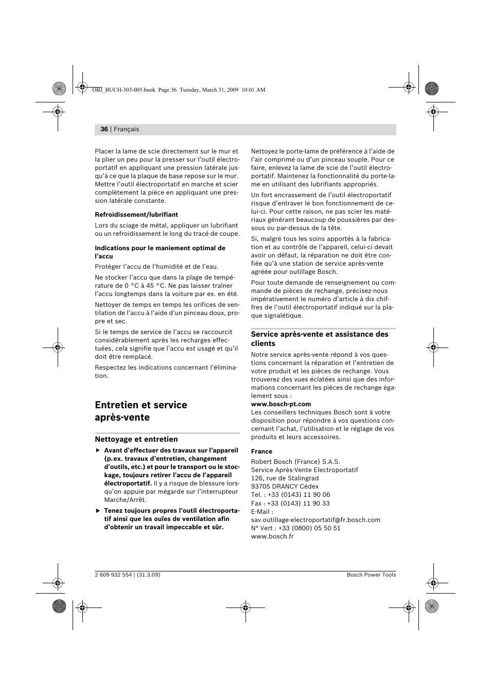 Entretien et service après-vente | Bosch GSA 36 V-LI Professional User Manual | Page 36 / 289