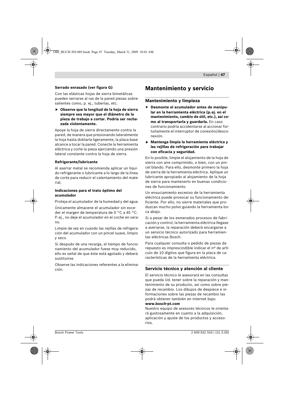 Mantenimiento y servicio | Bosch GSA 36 V-LI Professional User Manual | Page 47 / 289