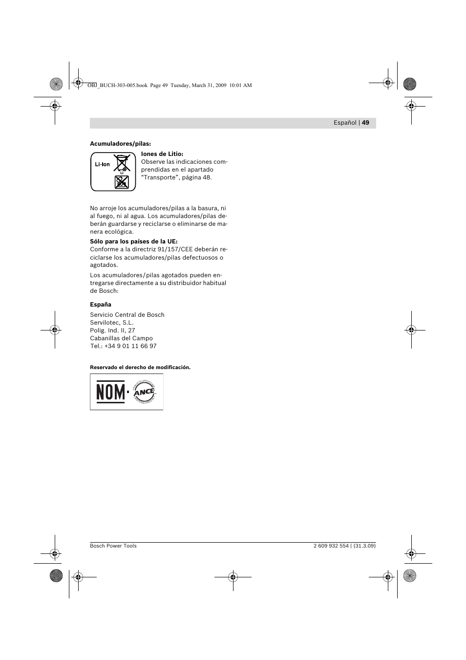 Español | 49, Reservado el derecho de modificación | Bosch GSA 36 V-LI Professional User Manual | Page 49 / 289