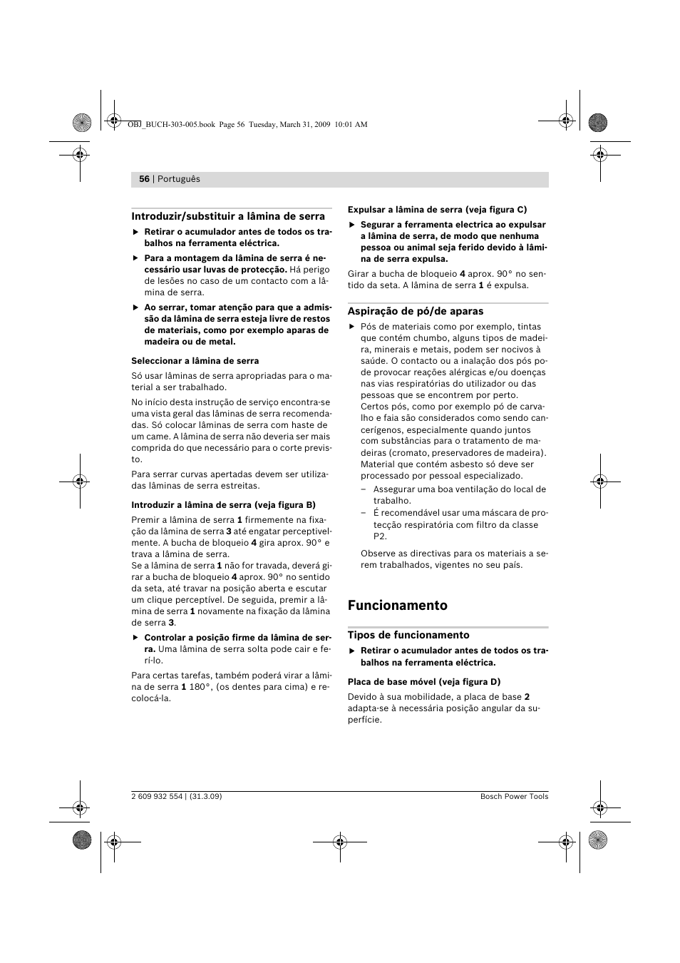 Funcionamento | Bosch GSA 36 V-LI Professional User Manual | Page 56 / 289