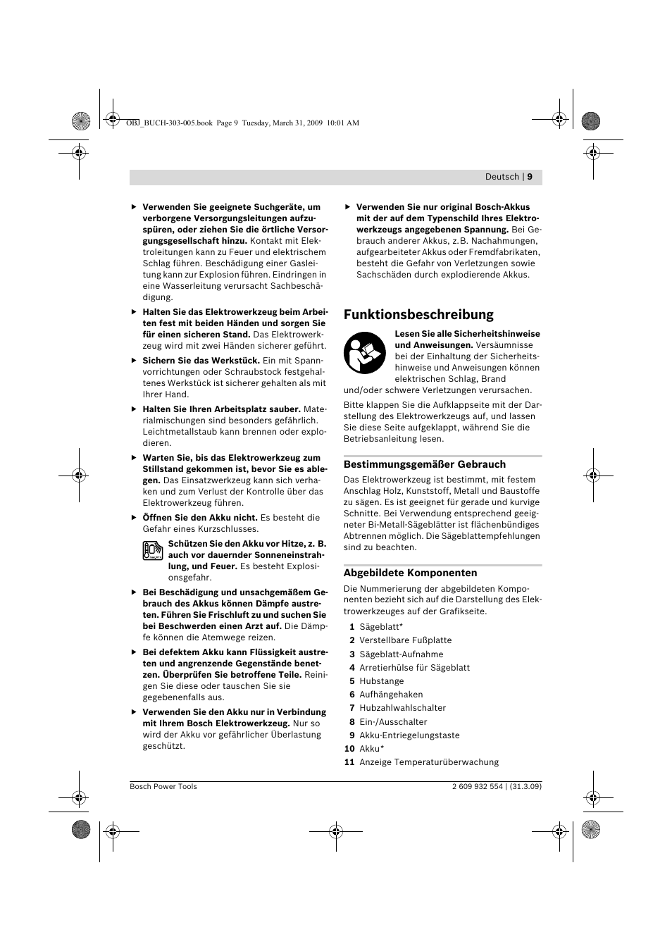 Funktionsbeschreibung | Bosch GSA 36 V-LI Professional User Manual | Page 9 / 289