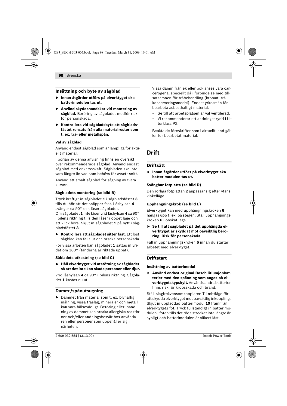 Drift | Bosch GSA 36 V-LI Professional User Manual | Page 98 / 289