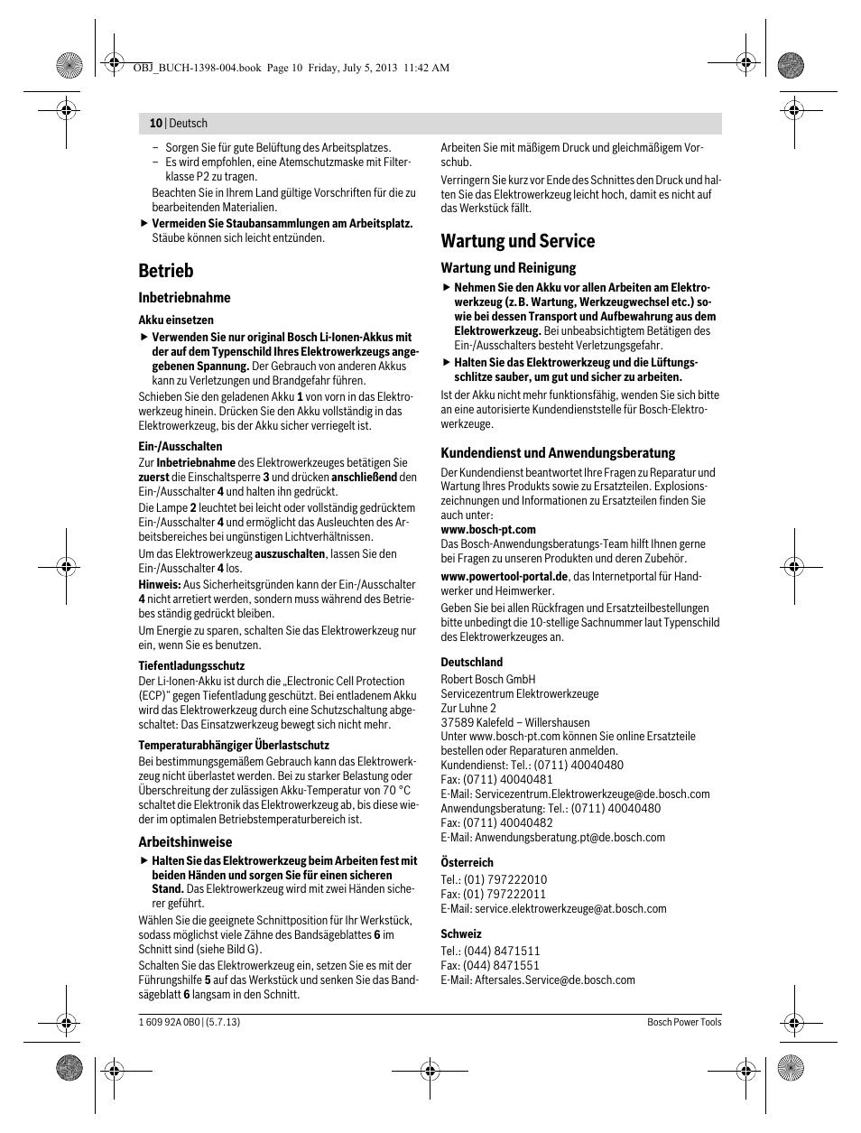 Betrieb, Wartung und service | Bosch GCB 18 V-LI Professional User Manual | Page 10 / 168