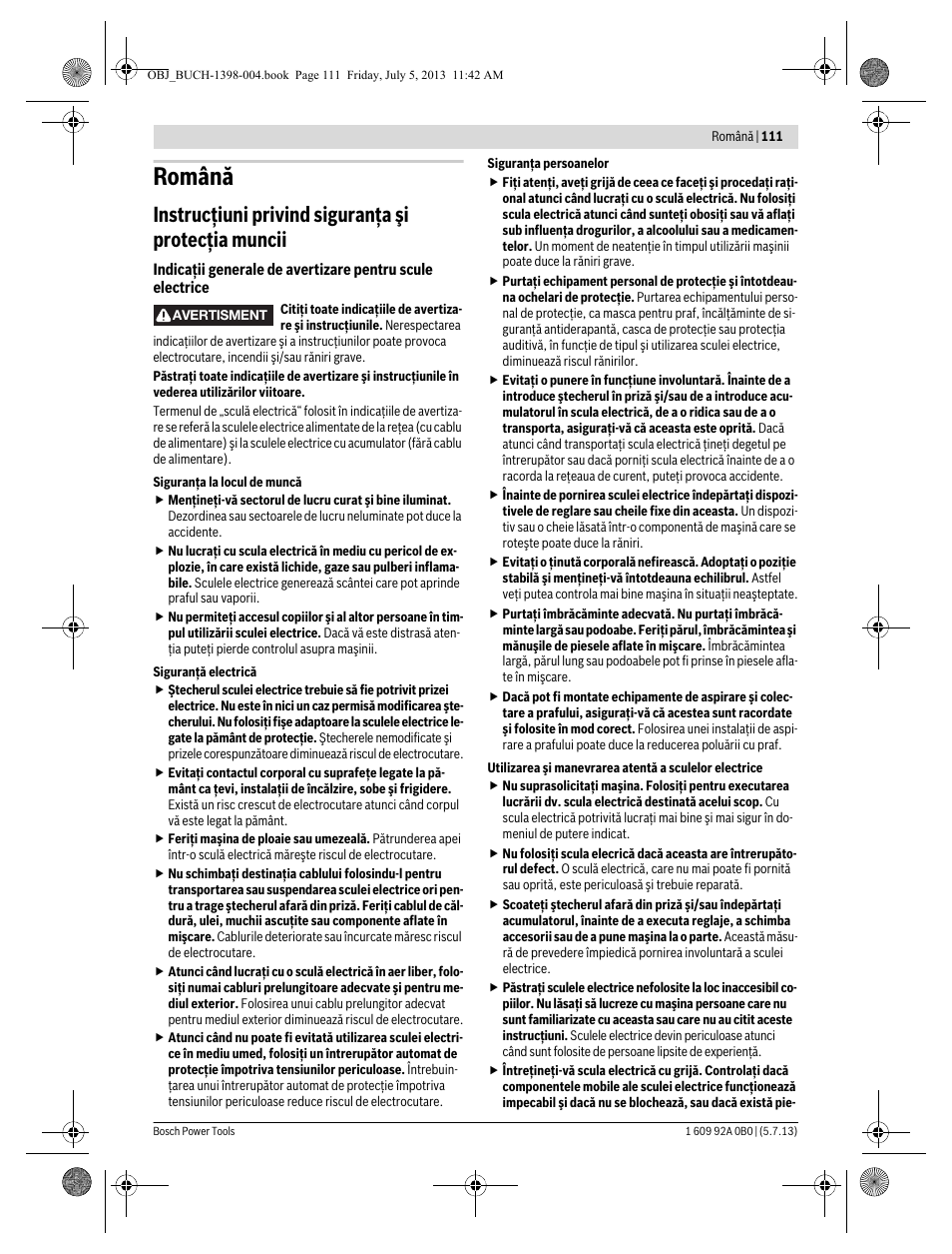 Română, Instrucţiuni privind siguranţa şi protecţia muncii | Bosch GCB 18 V-LI Professional User Manual | Page 111 / 168