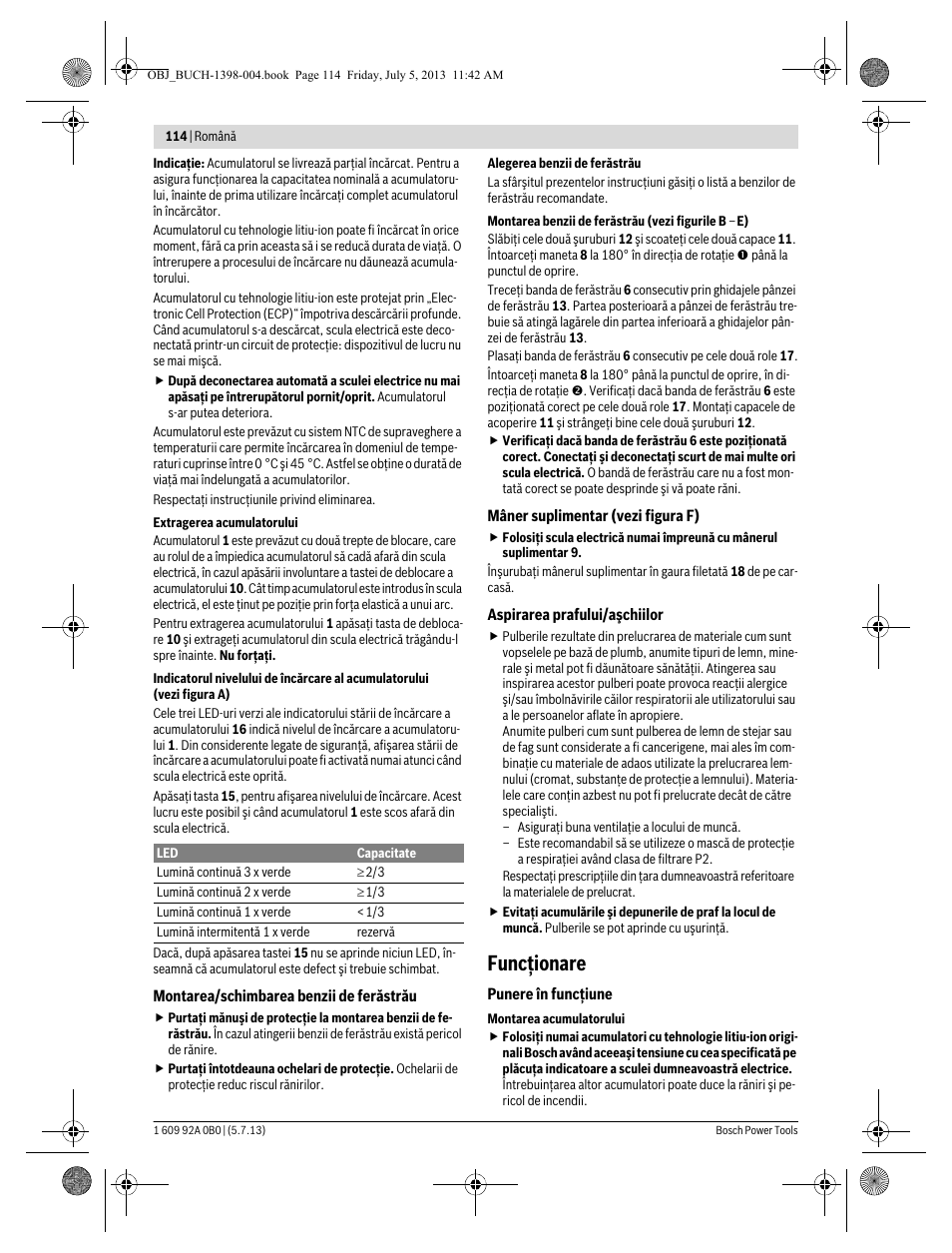 Funcţionare | Bosch GCB 18 V-LI Professional User Manual | Page 114 / 168