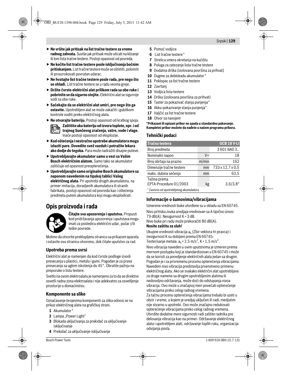 Opis proizvoda i rada | Bosch GCB 18 V-LI Professional User Manual | Page 129 / 168