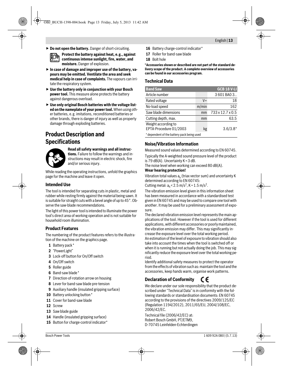 Product description and specifications | Bosch GCB 18 V-LI Professional User Manual | Page 13 / 168