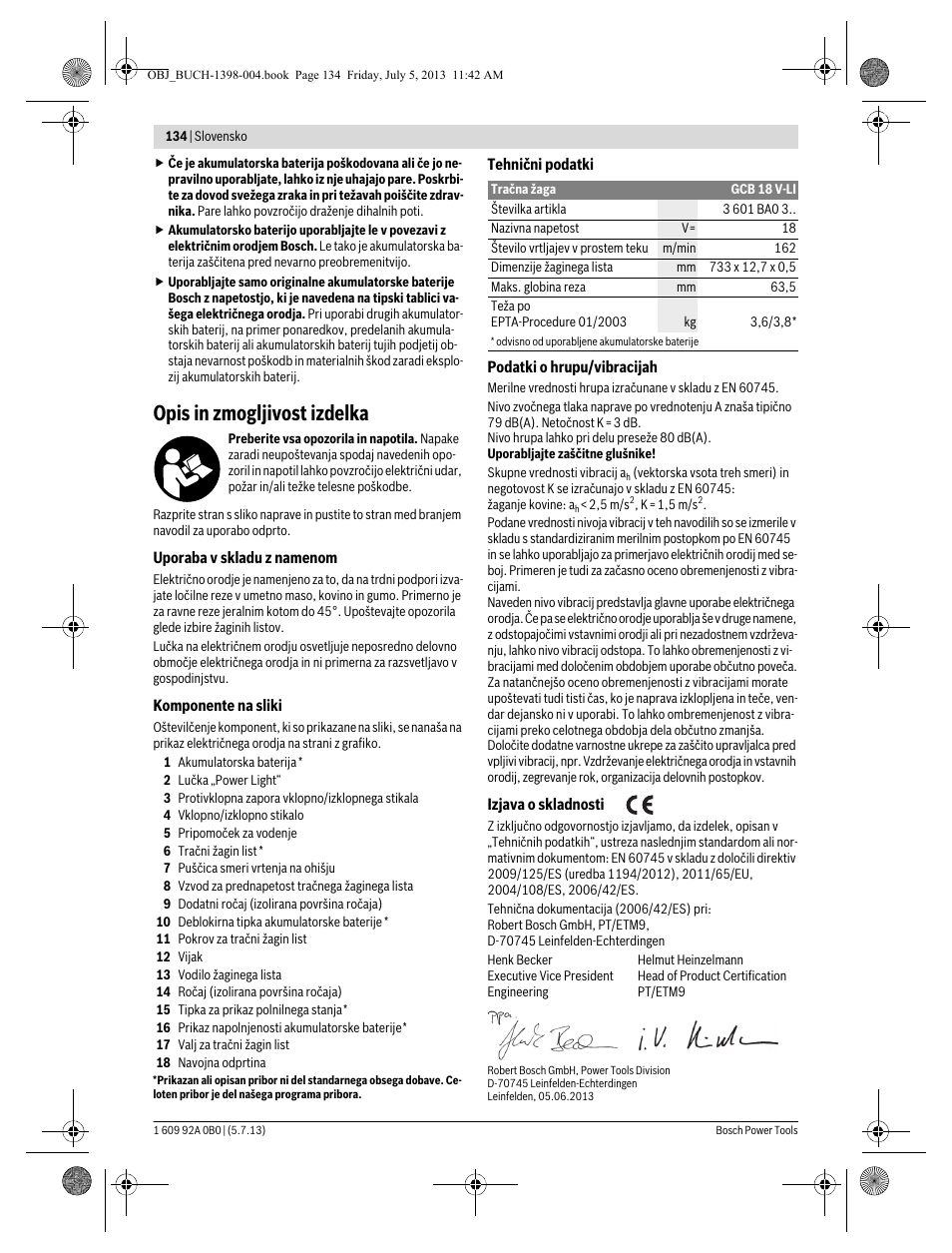 Opis in zmogljivost izdelka | Bosch GCB 18 V-LI Professional User Manual | Page 134 / 168