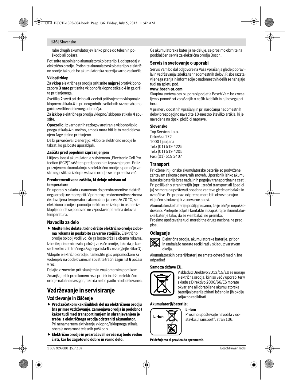 Vzdrževanje in servisiranje | Bosch GCB 18 V-LI Professional User Manual | Page 136 / 168