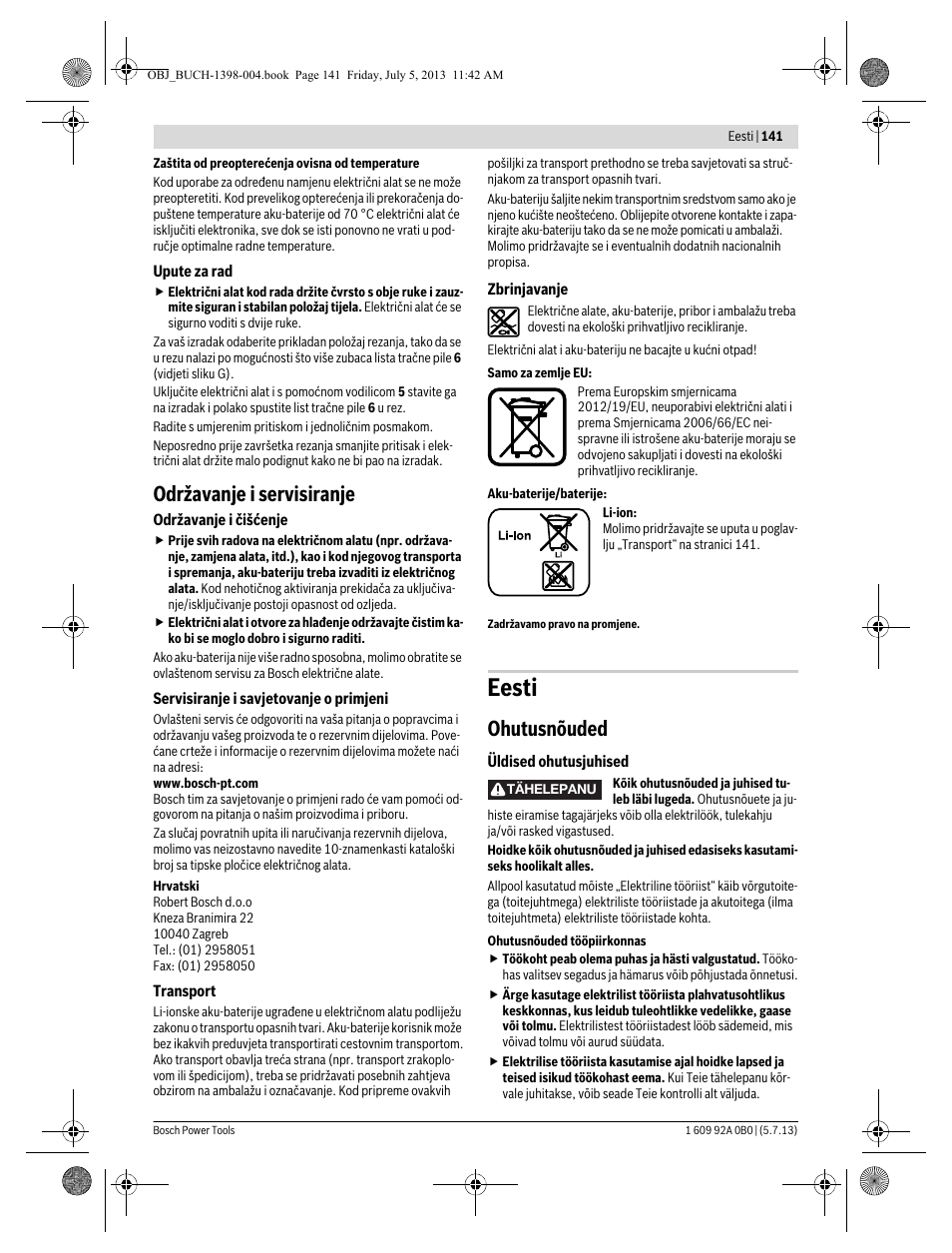 Eesti, Održavanje i servisiranje, Ohutusnõuded | Bosch GCB 18 V-LI Professional User Manual | Page 141 / 168