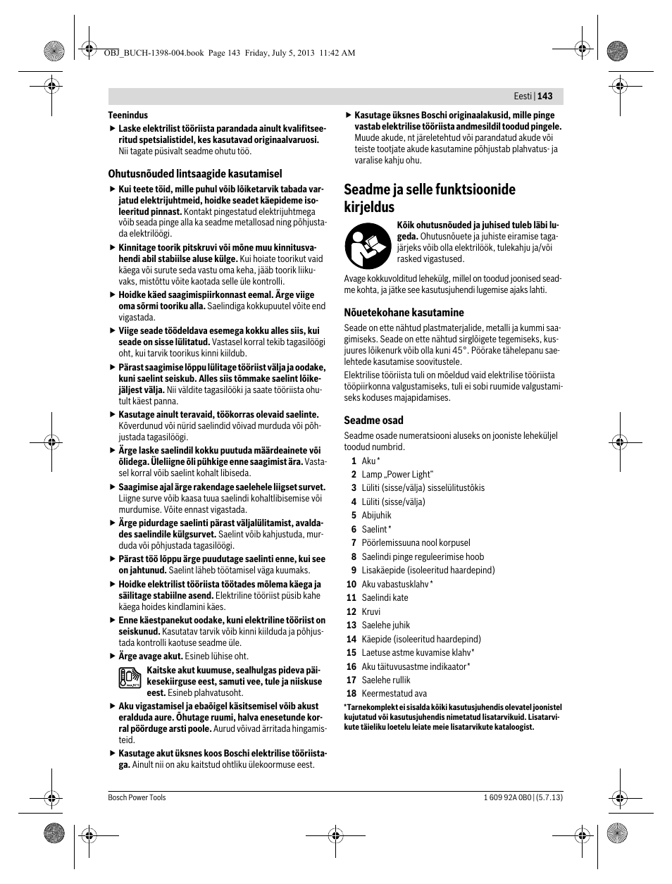 Seadme ja selle funktsioonide kirjeldus | Bosch GCB 18 V-LI Professional User Manual | Page 143 / 168