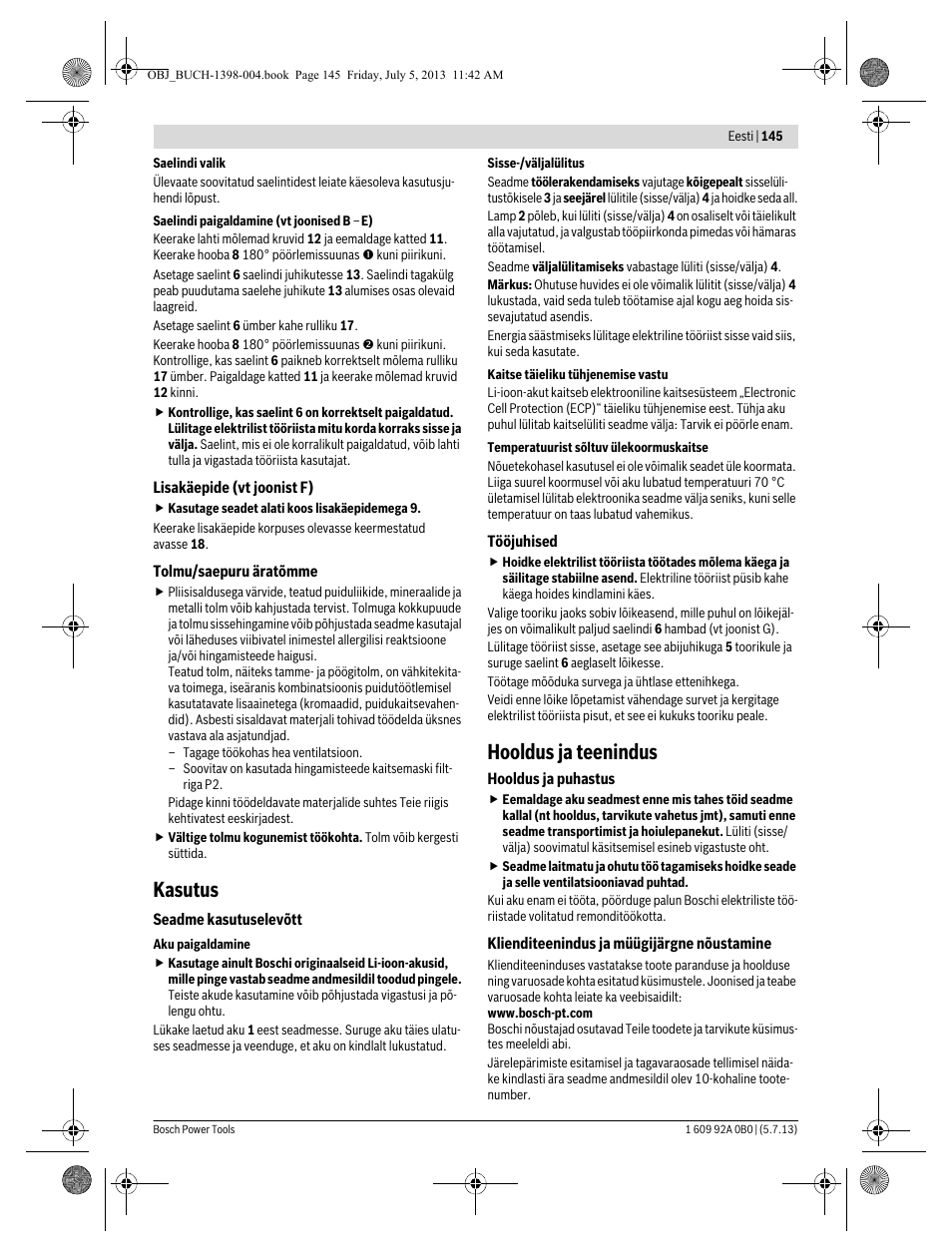 Kasutus, Hooldus ja teenindus | Bosch GCB 18 V-LI Professional User Manual | Page 145 / 168