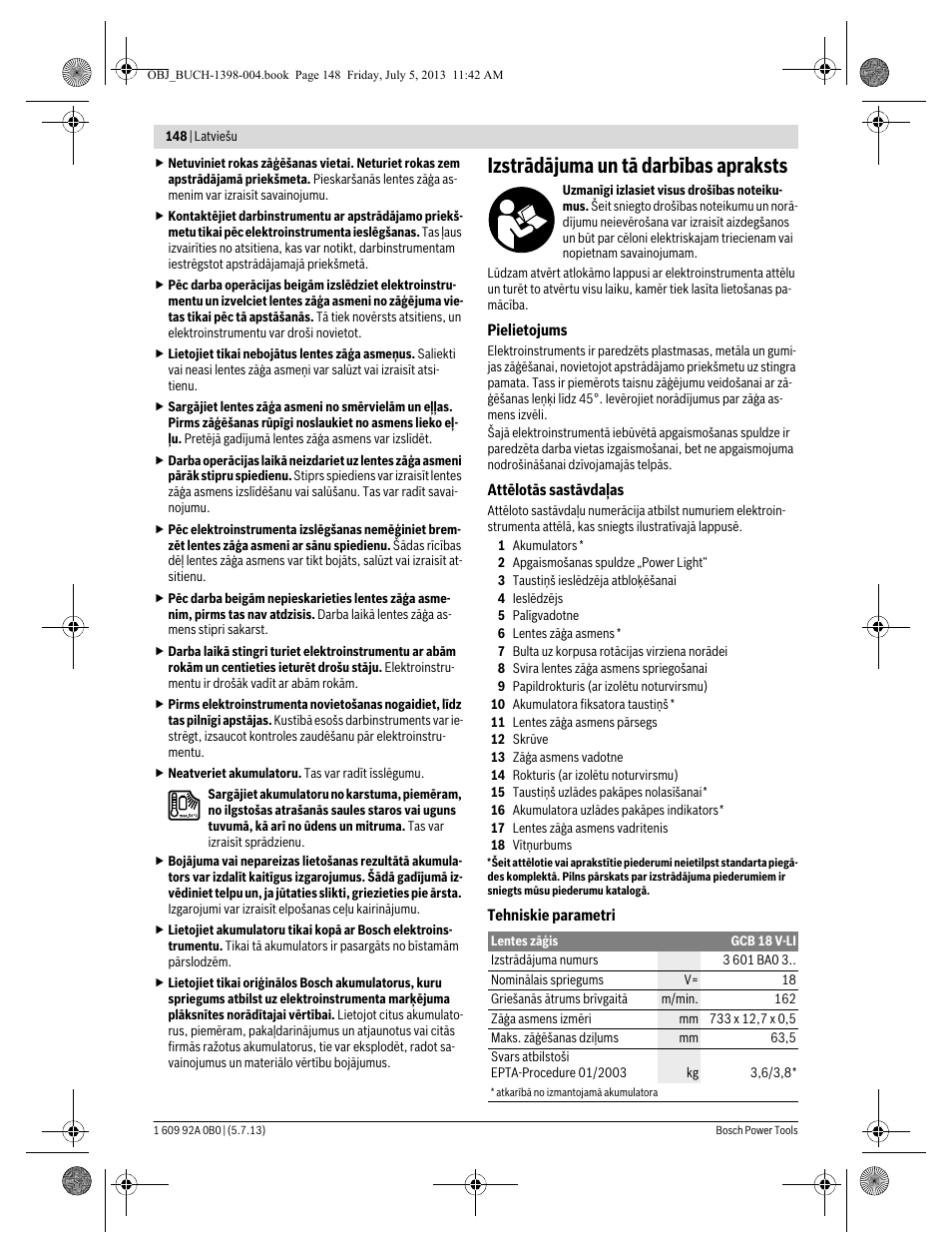 Izstrādājuma un tā darbības apraksts | Bosch GCB 18 V-LI Professional User Manual | Page 148 / 168