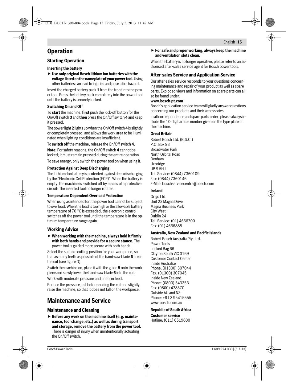 Operation, Maintenance and service | Bosch GCB 18 V-LI Professional User Manual | Page 15 / 168