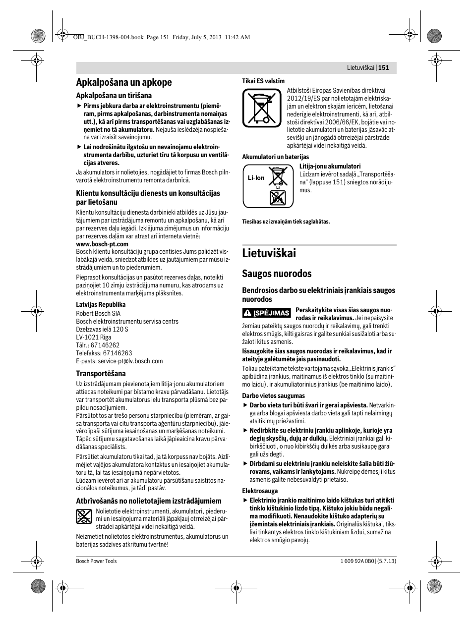 Lietuviškai, Apkalpošana un apkope, Saugos nuorodos | Bosch GCB 18 V-LI Professional User Manual | Page 151 / 168