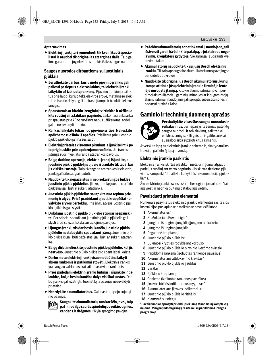 Gaminio ir techninių duomenų aprašas | Bosch GCB 18 V-LI Professional User Manual | Page 153 / 168