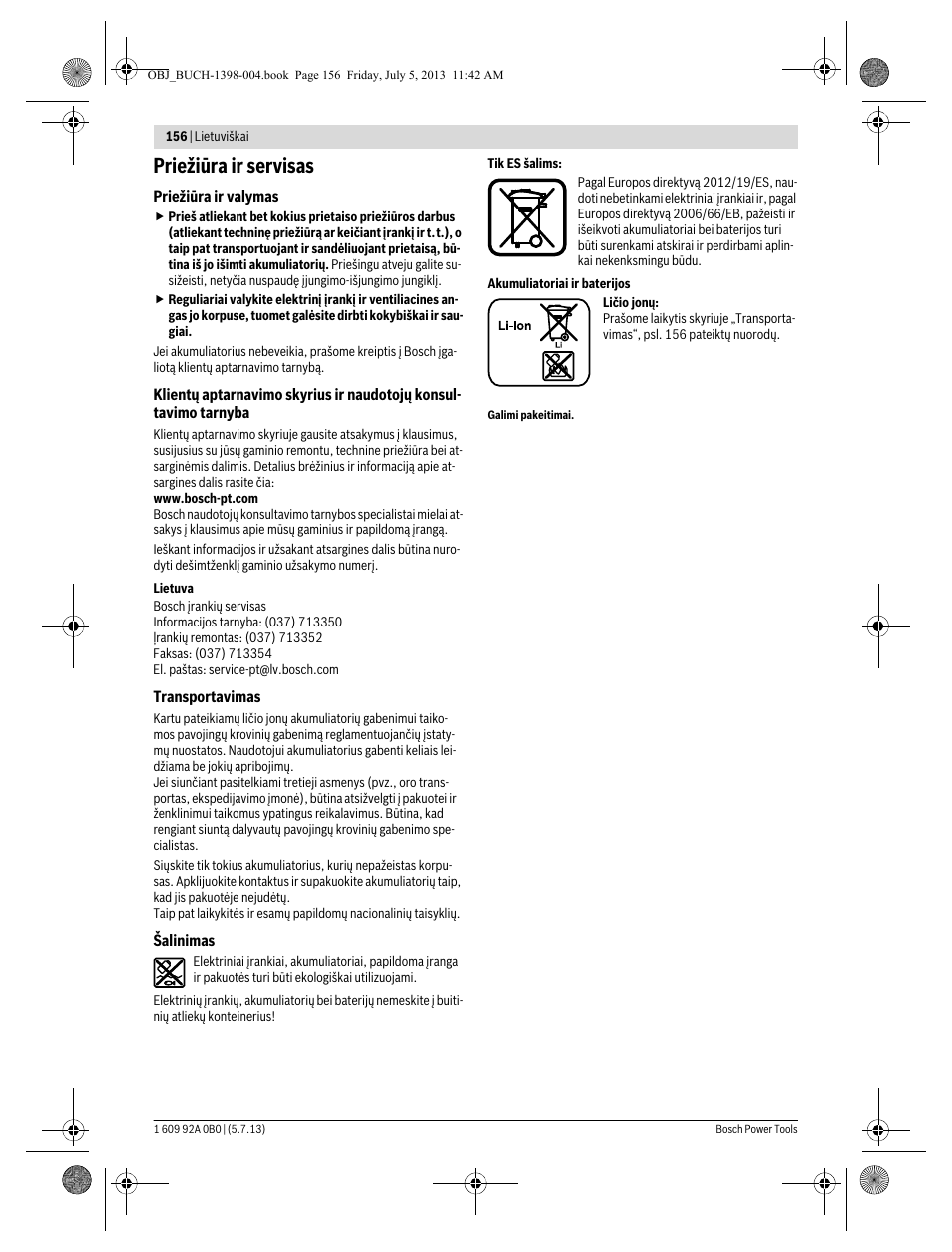 Priežiūra ir servisas | Bosch GCB 18 V-LI Professional User Manual | Page 156 / 168