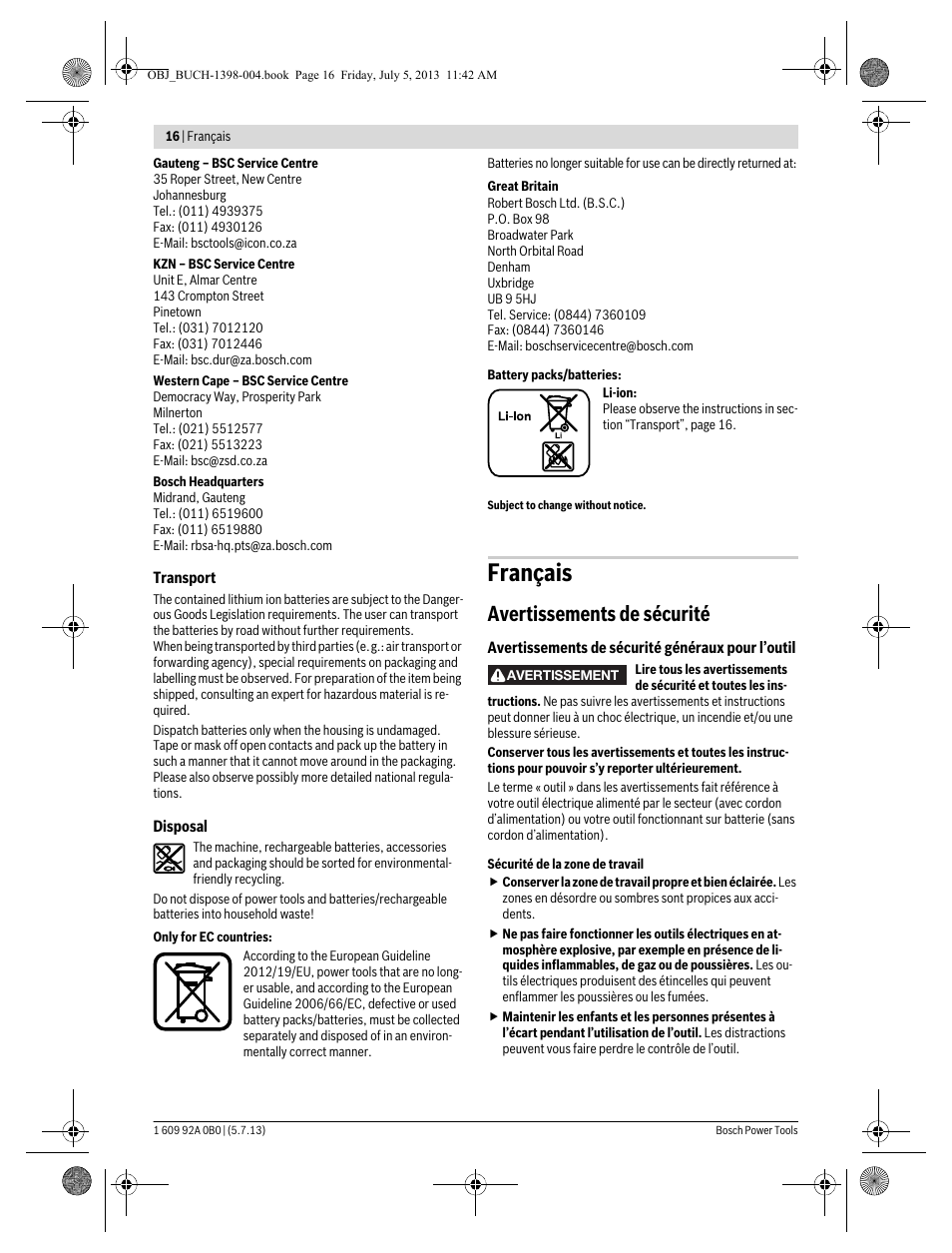 Français, Avertissements de sécurité | Bosch GCB 18 V-LI Professional User Manual | Page 16 / 168