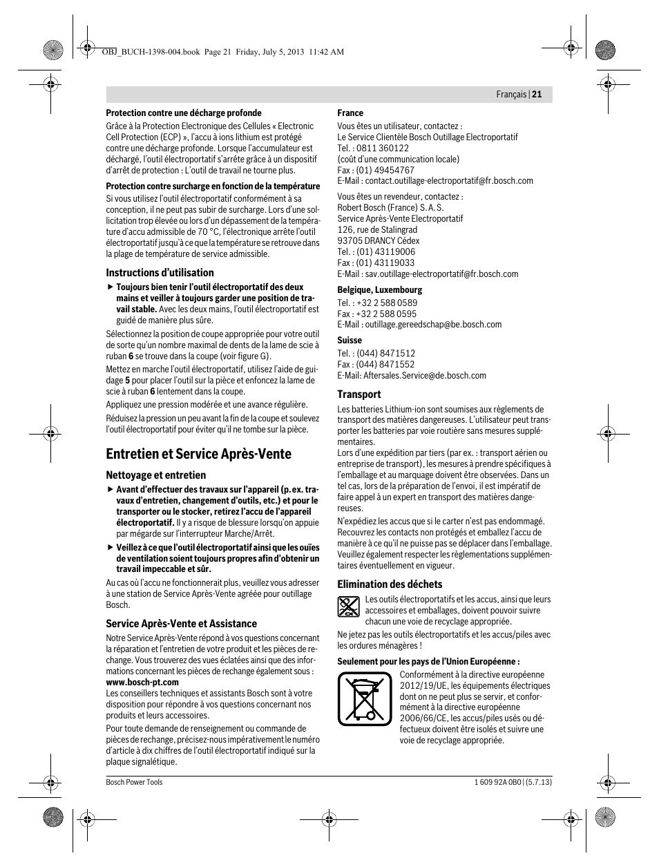 Entretien et service après-vente | Bosch GCB 18 V-LI Professional User Manual | Page 21 / 168