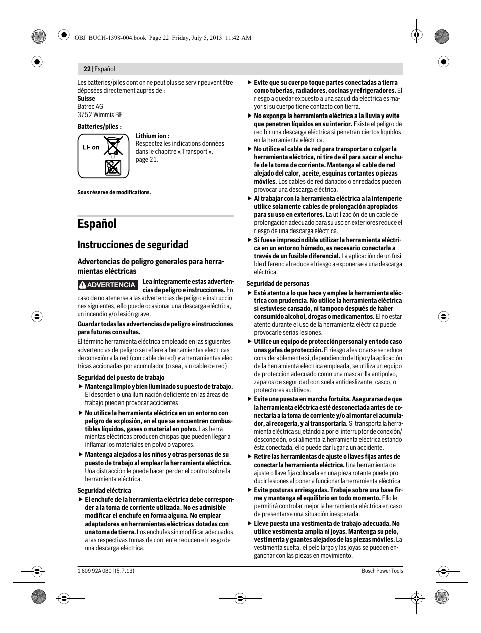 Español, Instrucciones de seguridad | Bosch GCB 18 V-LI Professional User Manual | Page 22 / 168