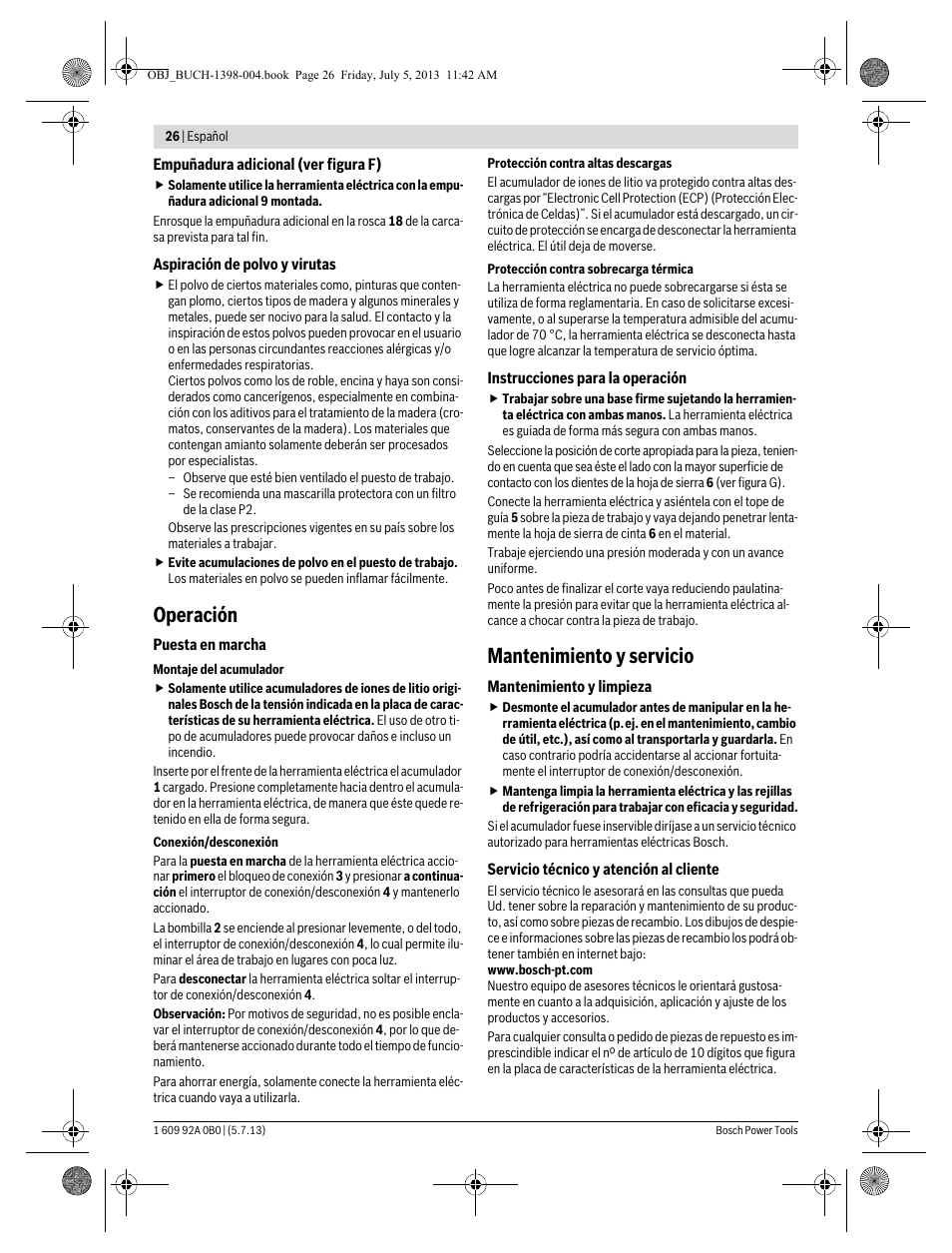 Operación, Mantenimiento y servicio | Bosch GCB 18 V-LI Professional User Manual | Page 26 / 168