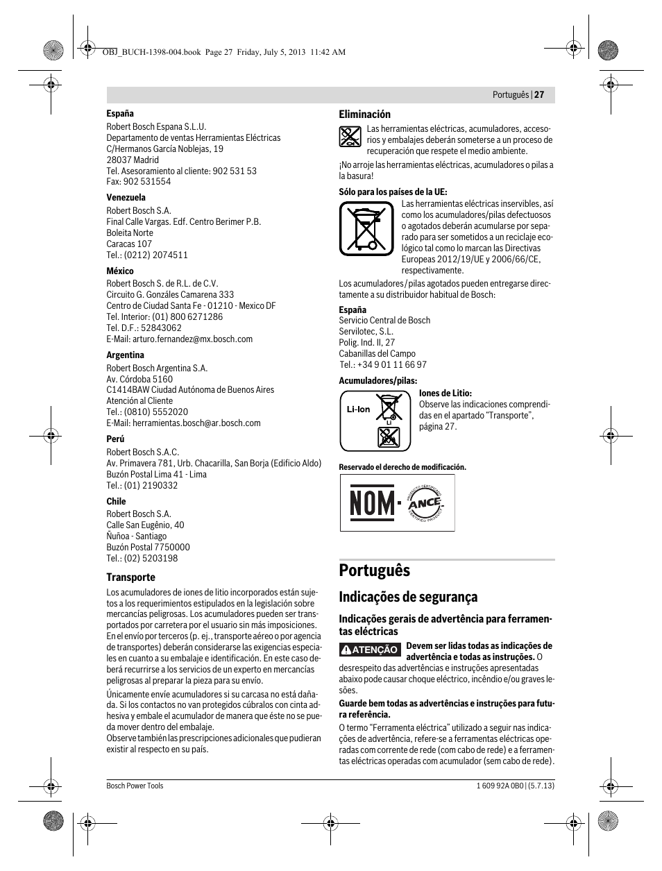 Português, Indicações de segurança | Bosch GCB 18 V-LI Professional User Manual | Page 27 / 168