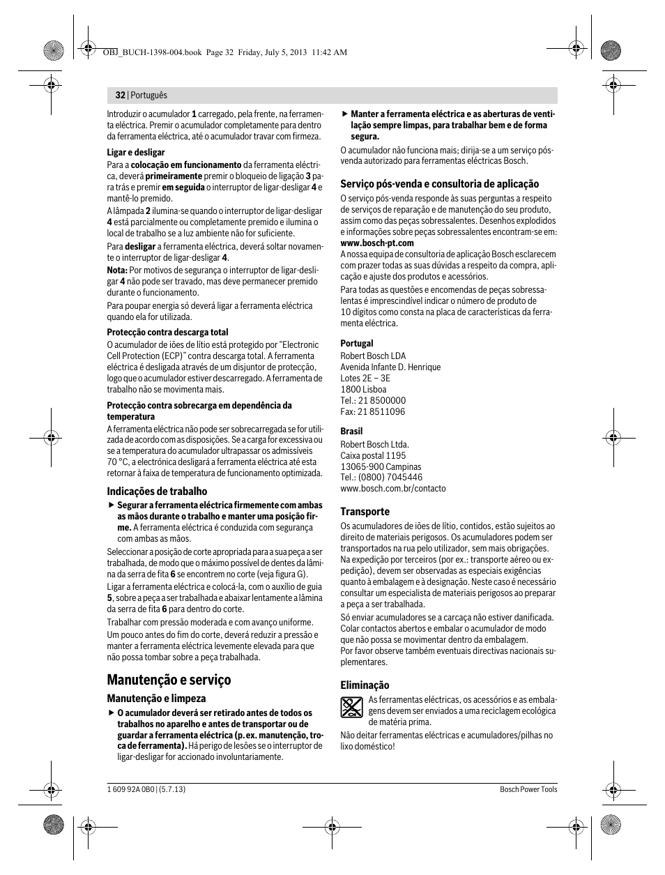 Manutenção e serviço | Bosch GCB 18 V-LI Professional User Manual | Page 32 / 168