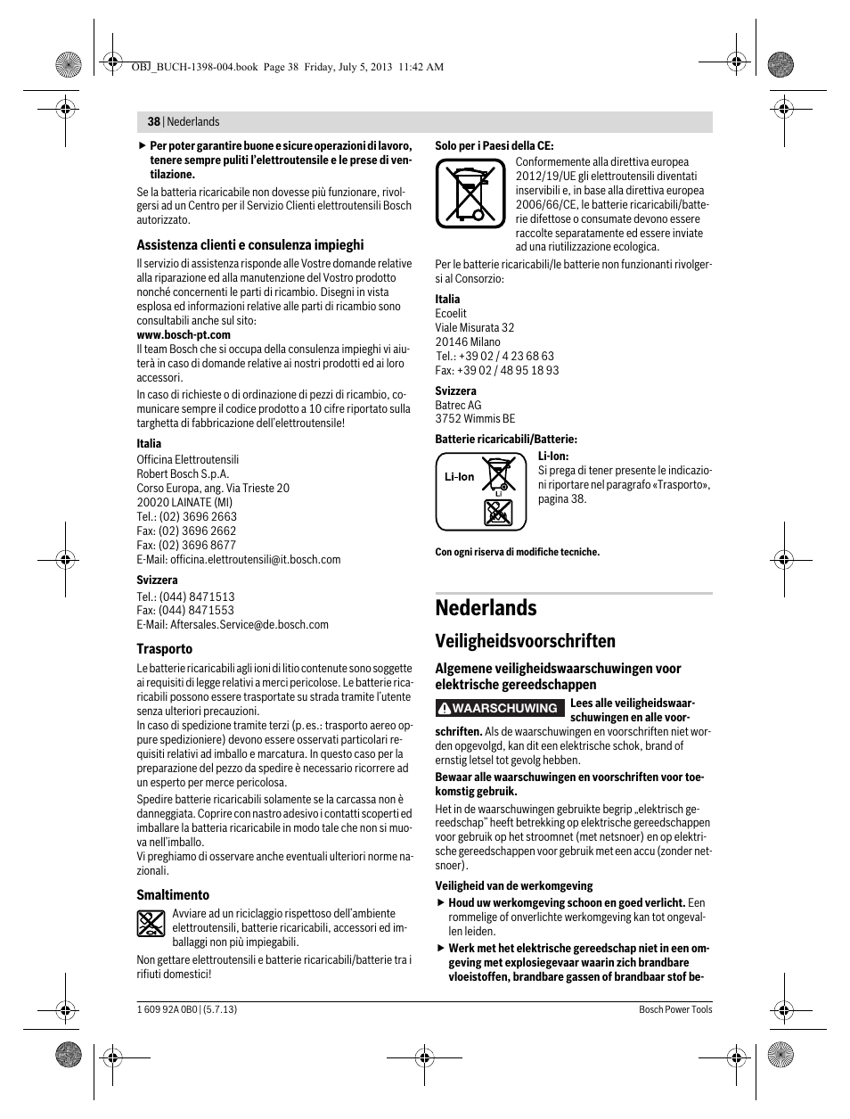 Nederlands, Veiligheidsvoorschriften | Bosch GCB 18 V-LI Professional User Manual | Page 38 / 168