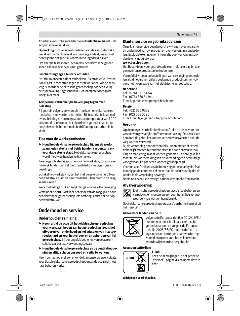 Onderhoud en service | Bosch GCB 18 V-LI Professional User Manual | Page 43 / 168