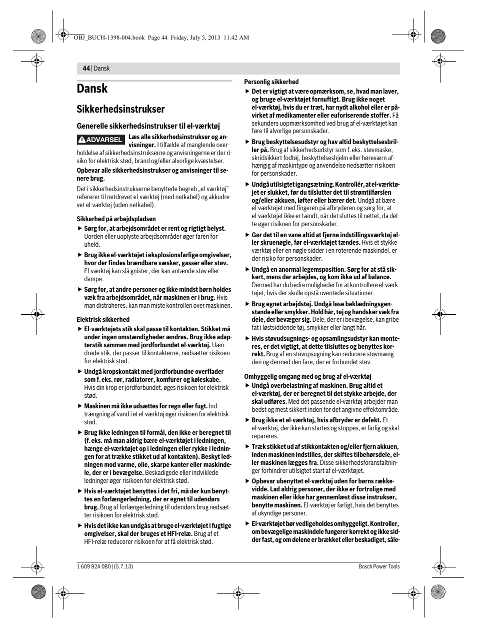 Dansk, Sikkerhedsinstrukser | Bosch GCB 18 V-LI Professional User Manual | Page 44 / 168