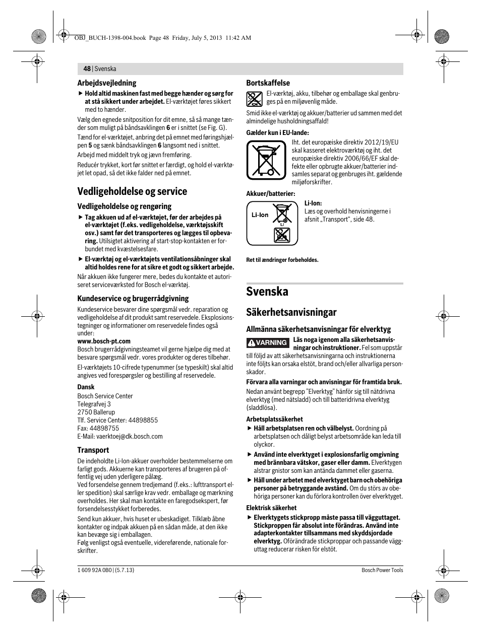 Svenska, Vedligeholdelse og service, Säkerhetsanvisningar | Bosch GCB 18 V-LI Professional User Manual | Page 48 / 168