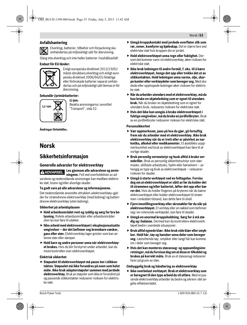 Norsk, Sikkerhetsinformasjon | Bosch GCB 18 V-LI Professional User Manual | Page 53 / 168