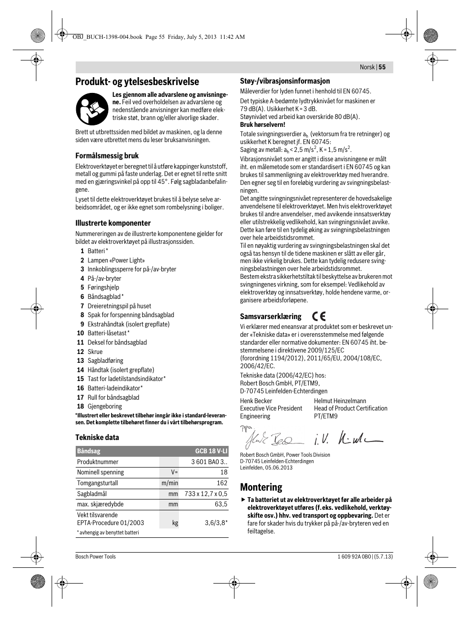 Produkt- og ytelsesbeskrivelse, Montering | Bosch GCB 18 V-LI Professional User Manual | Page 55 / 168