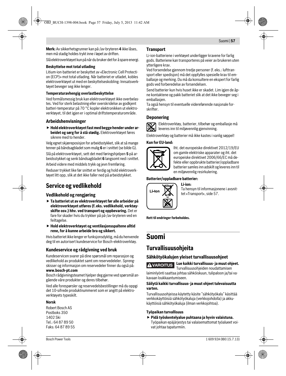 Suomi, Service og vedlikehold, Turvallisuusohjeita | Bosch GCB 18 V-LI Professional User Manual | Page 57 / 168