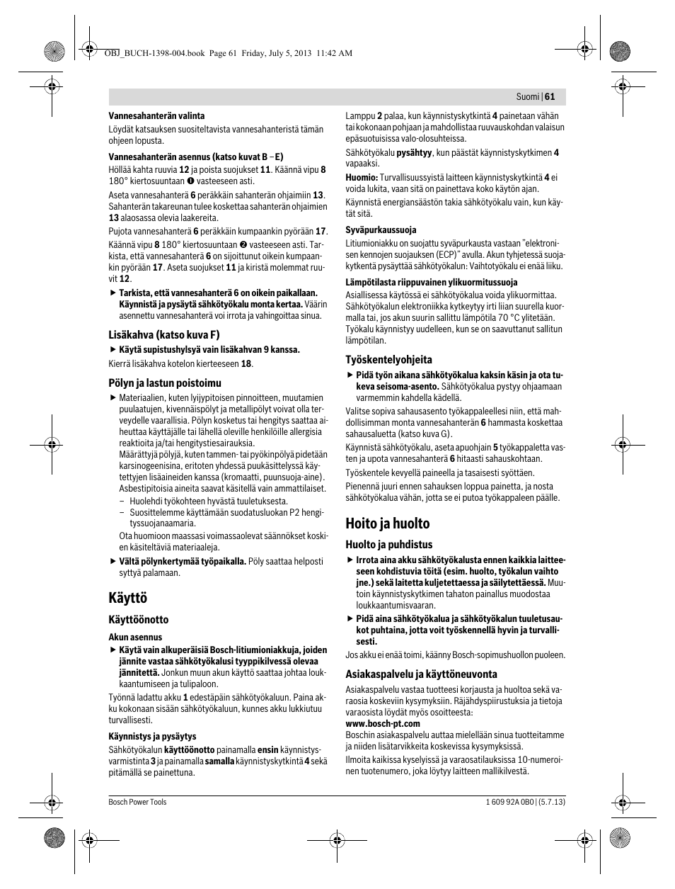 Käyttö, Hoito ja huolto | Bosch GCB 18 V-LI Professional User Manual | Page 61 / 168