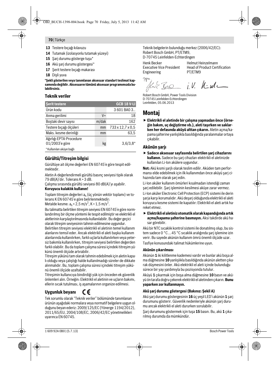 Montaj | Bosch GCB 18 V-LI Professional User Manual | Page 70 / 168