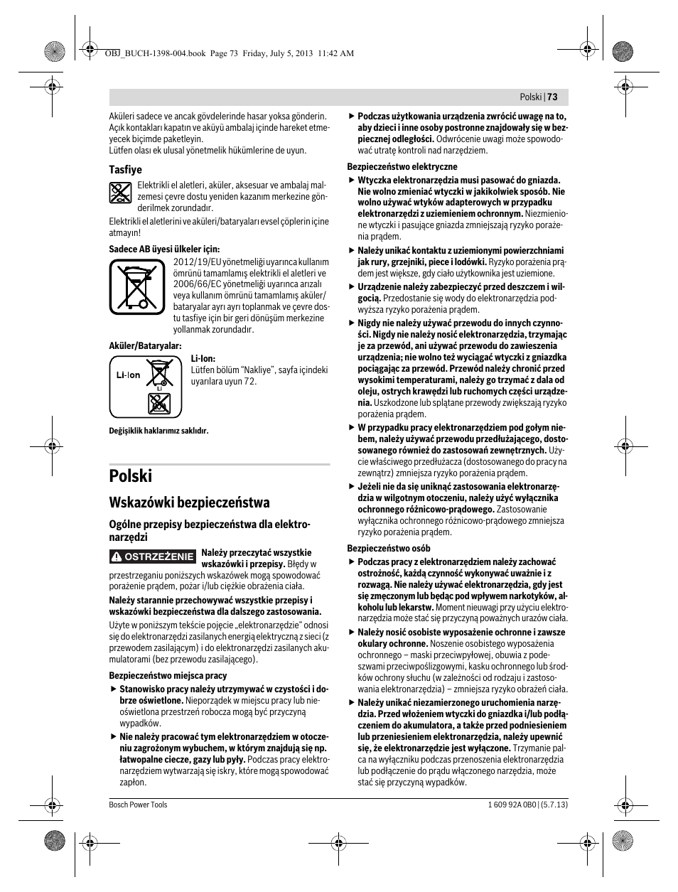 Polski, Wskazówki bezpieczeństwa | Bosch GCB 18 V-LI Professional User Manual | Page 73 / 168