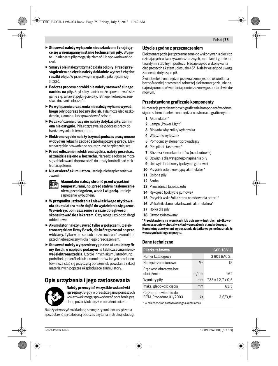 Opis urządzenia i jego zastosowania | Bosch GCB 18 V-LI Professional User Manual | Page 75 / 168