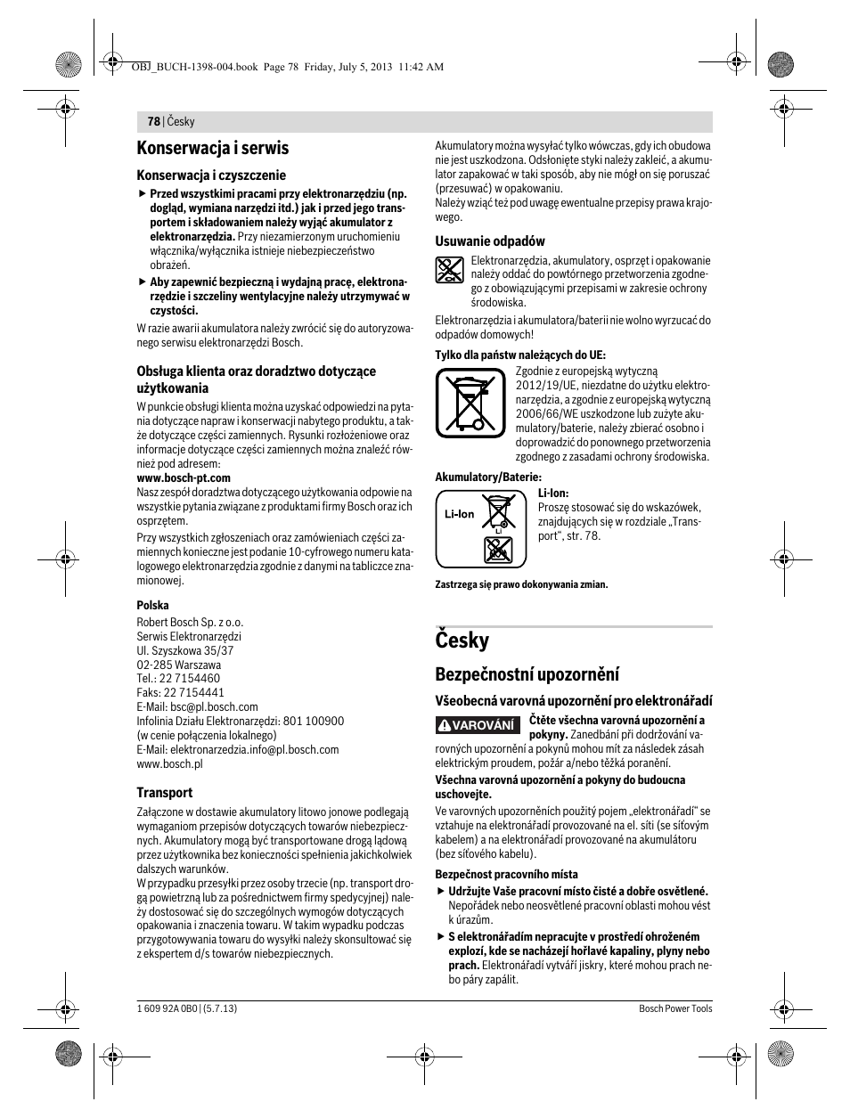 Česky, Konserwacja i serwis, Bezpečnostní upozornění | Bosch GCB 18 V-LI Professional User Manual | Page 78 / 168