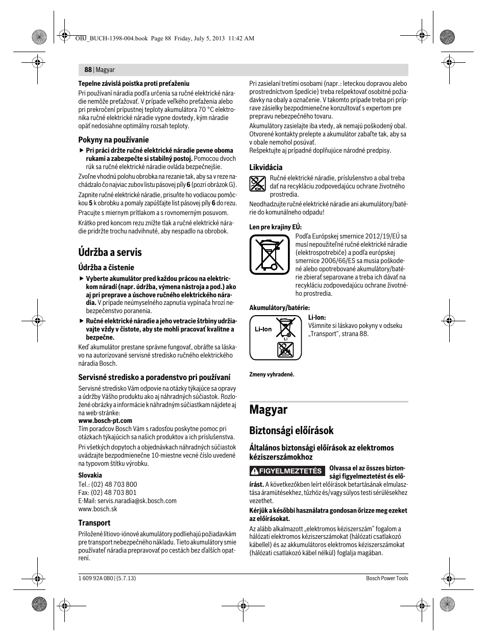 Magyar, Údržba a servis, Biztonsági előírások | Bosch GCB 18 V-LI Professional User Manual | Page 88 / 168