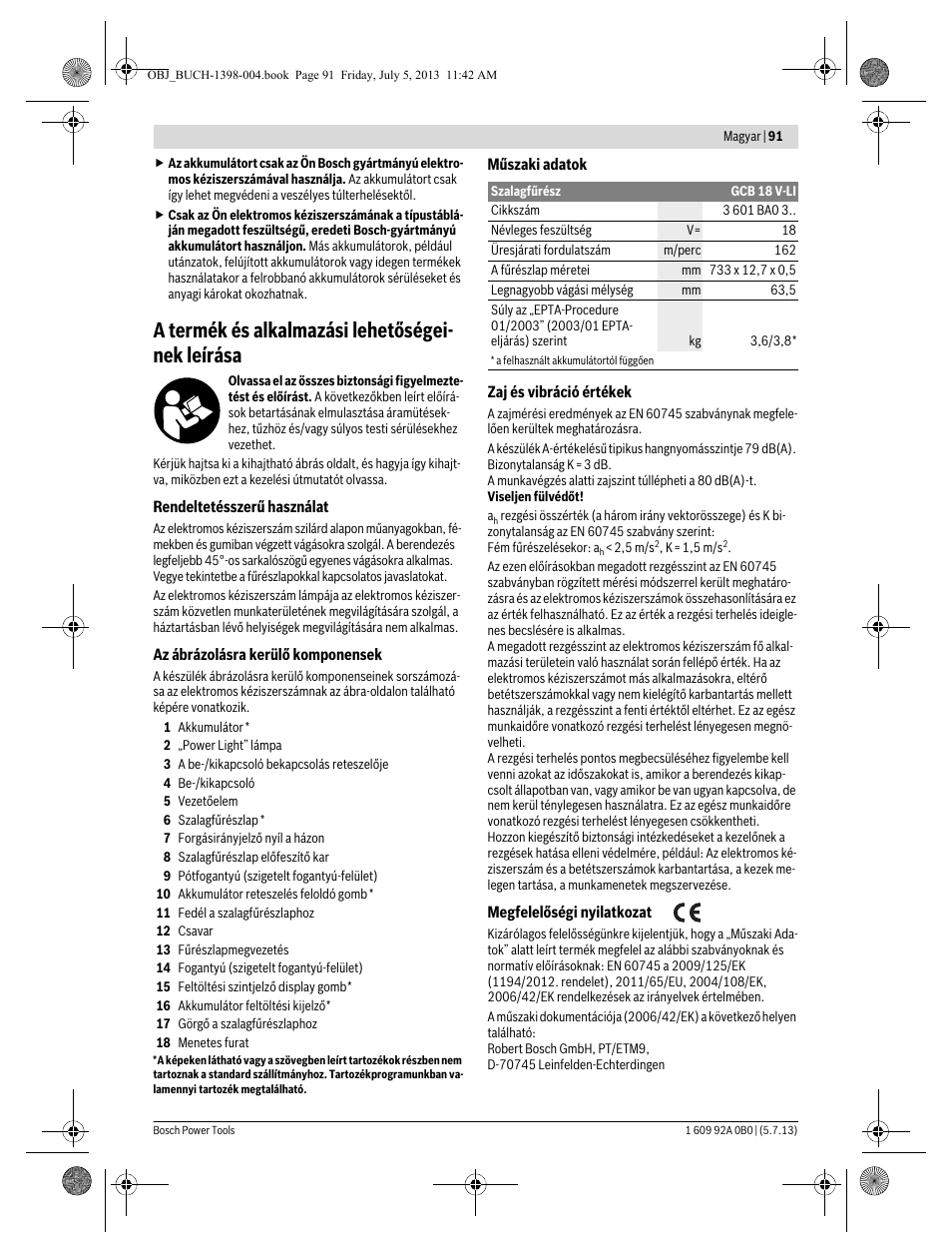 A termék és alkalmazási lehetőségei- nek leírása | Bosch GCB 18 V-LI Professional User Manual | Page 91 / 168