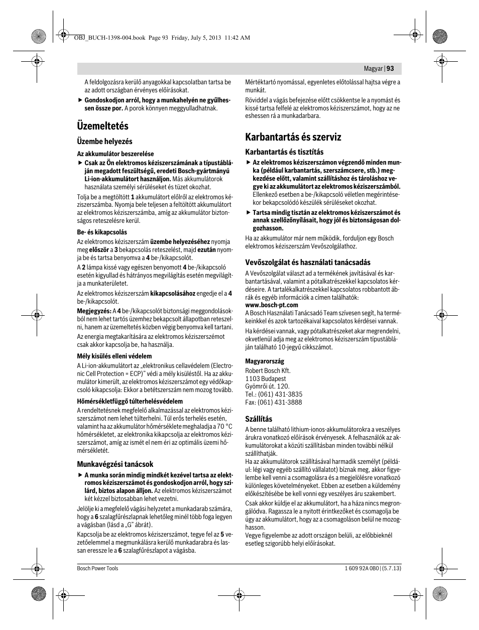 Üzemeltetés, Karbantartás és szerviz | Bosch GCB 18 V-LI Professional User Manual | Page 93 / 168