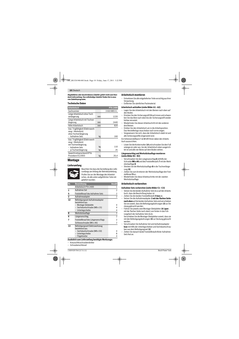 Montage | Bosch PTA 2400 User Manual | Page 10 / 91