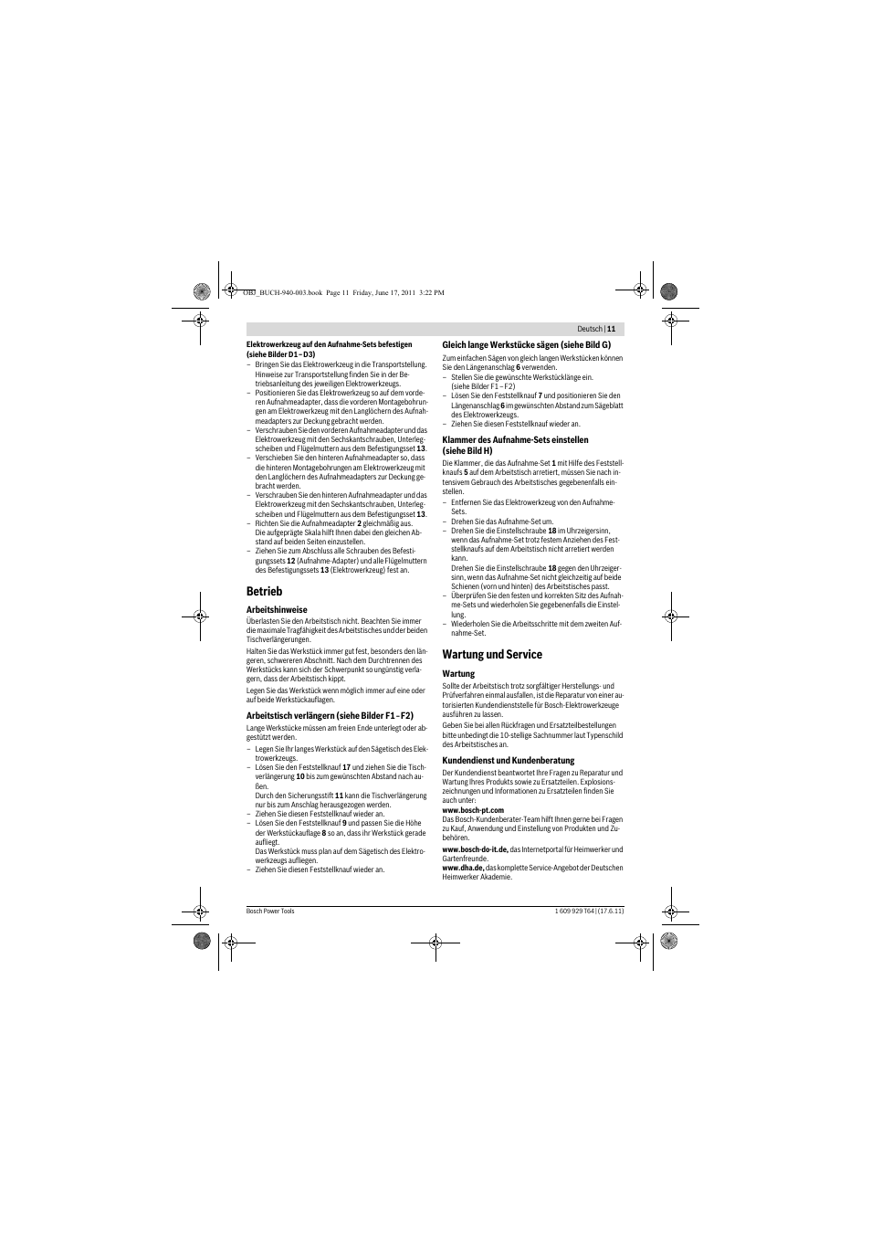 Betrieb, Wartung und service | Bosch PTA 2400 User Manual | Page 11 / 91