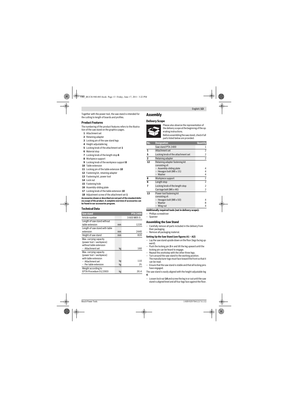 Assembly | Bosch PTA 2400 User Manual | Page 13 / 91