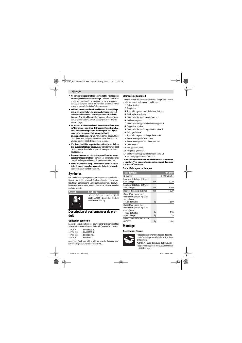 Symboles, Description et performances du pro- duit, Montage | Bosch PTA 2400 User Manual | Page 16 / 91