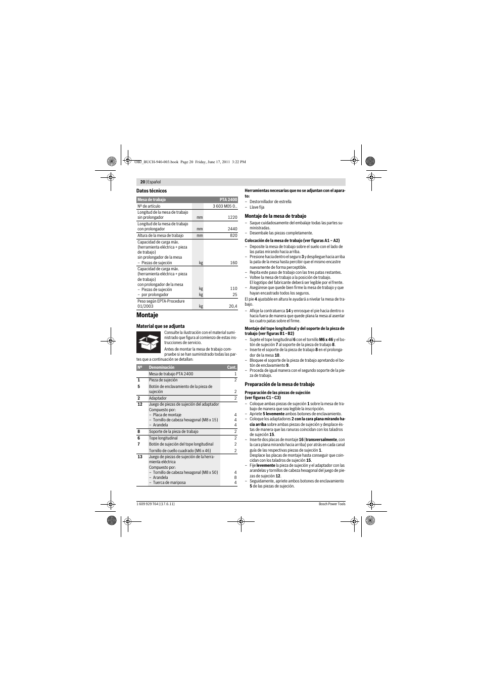 Montaje | Bosch PTA 2400 User Manual | Page 20 / 91